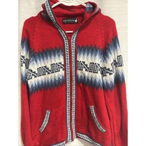 Peruvian Alpaca Zip Front Red/Natural Tones Zip Front Hooded Sweater Cardigan M